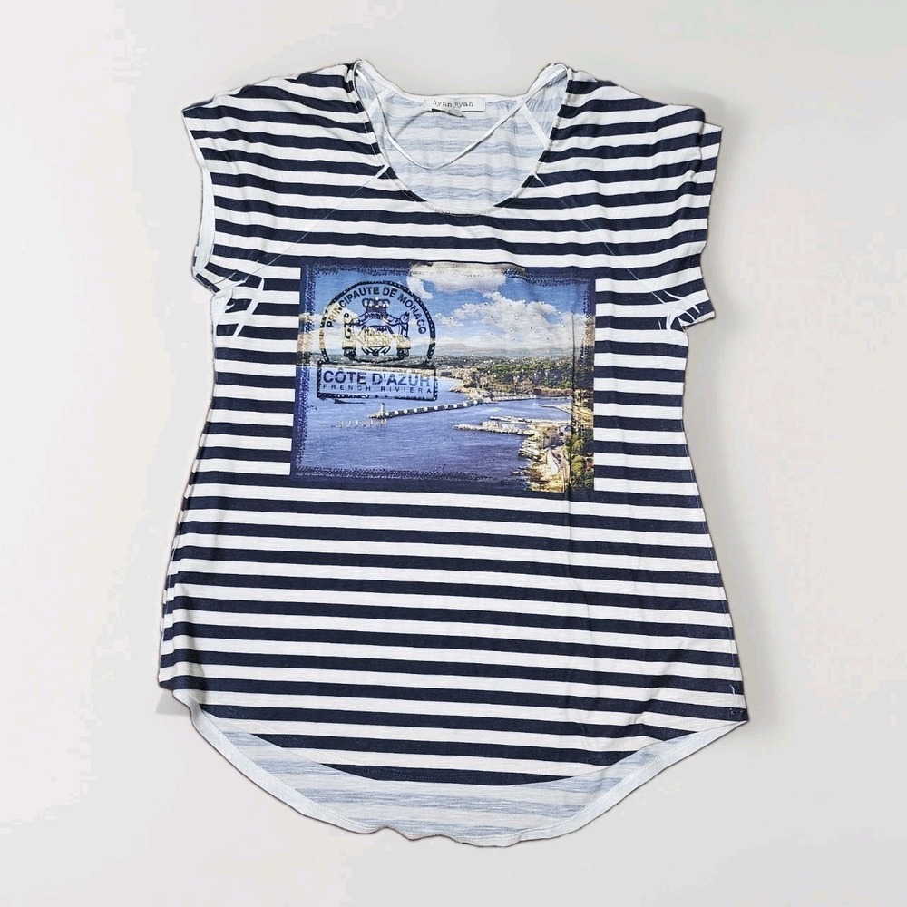 Lynn Ryan Womens Cote D'Azur Monaco Graphic Striped Rhinestone Top Navy White S